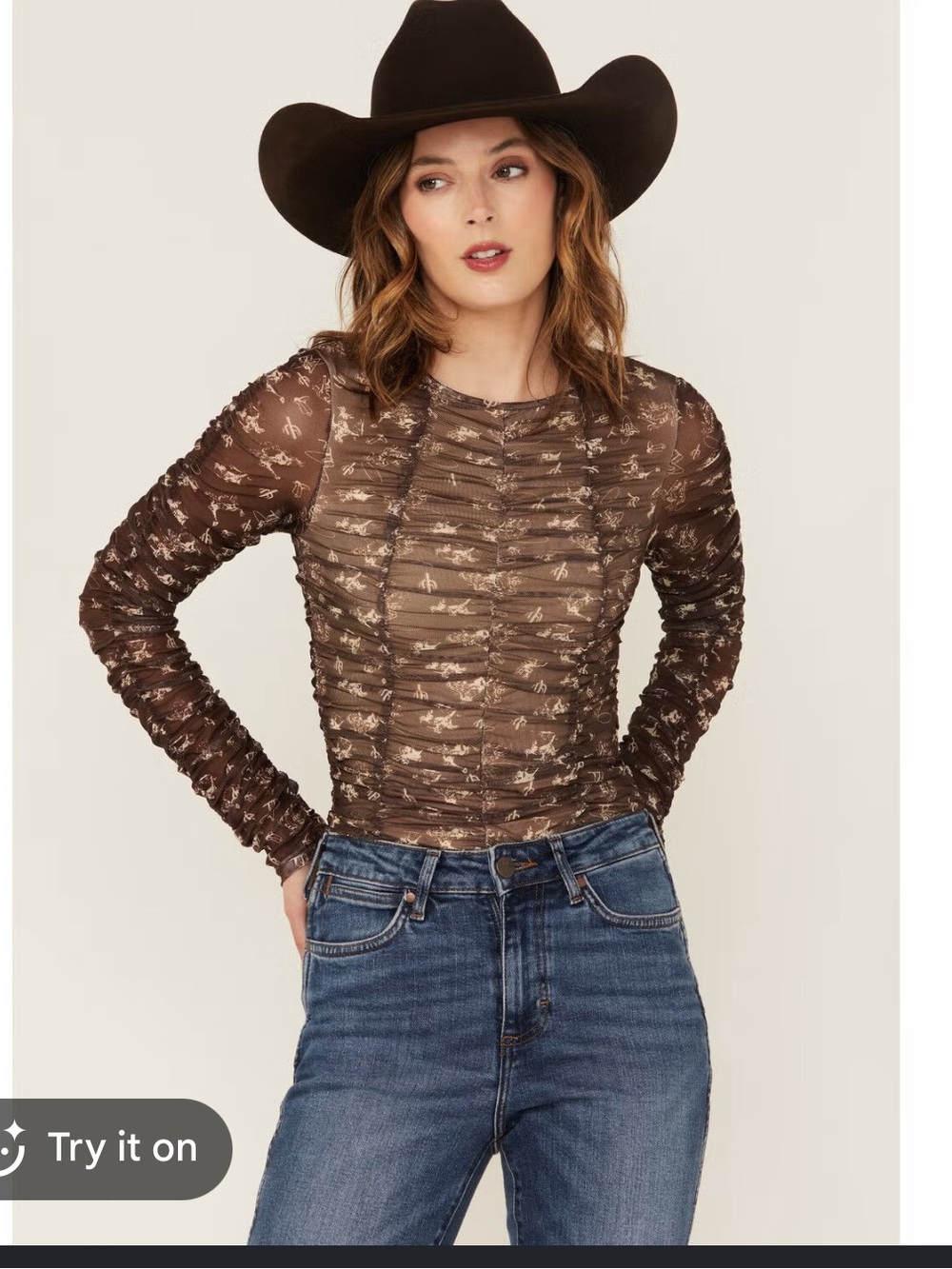 NWT blue b Country-Style Brown Floral Mesh Long Sleeve Top